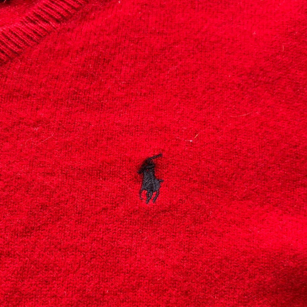 RL Polo Vibrant 100% Lambs Wool Classic Red V-Neck Sweater with Navy Polo horse - Picture 6 of 9